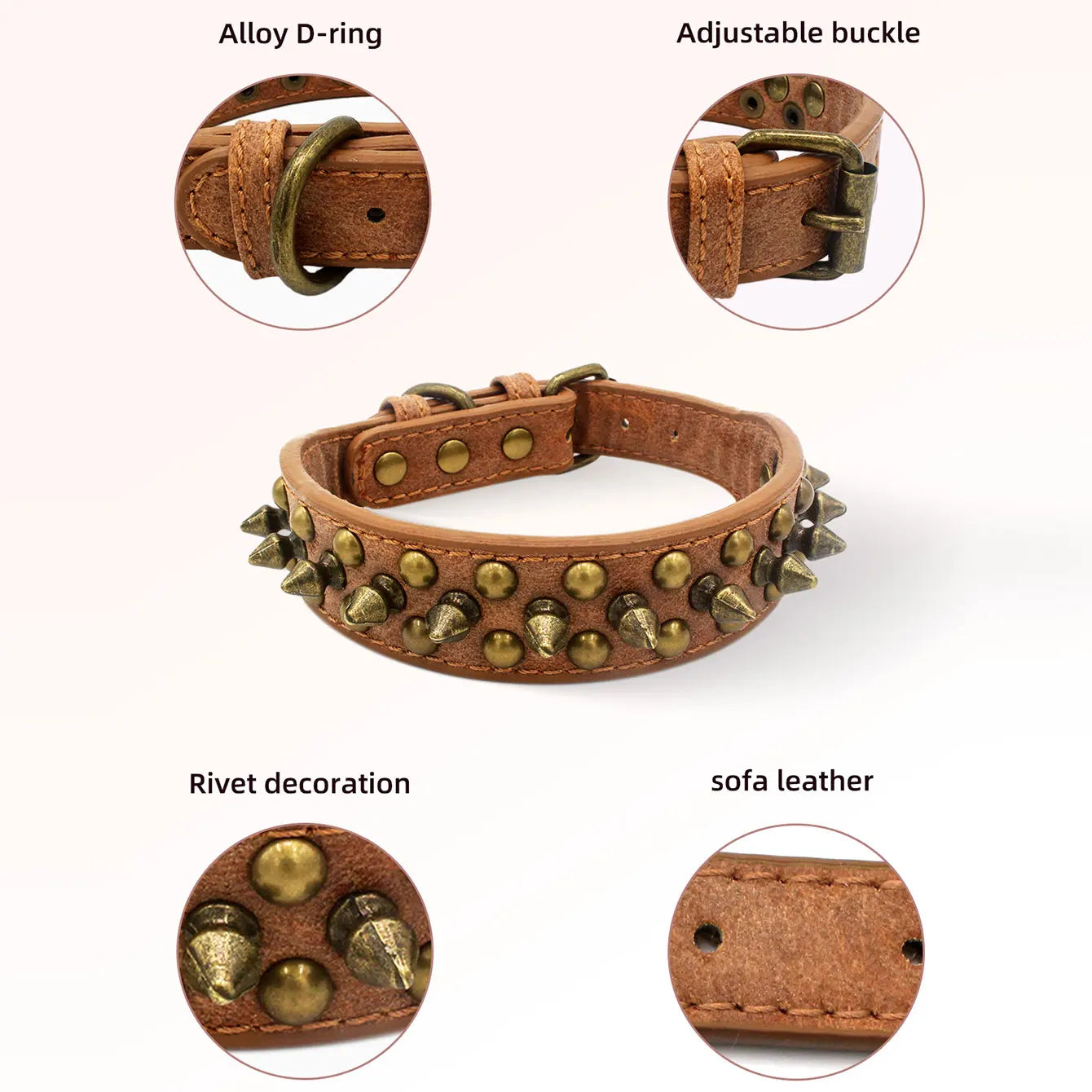 CP037-1--Vintage brass rivet heavy-duty adjustable pet dog collar, round head rivet paired with wear-resistant PU leather.