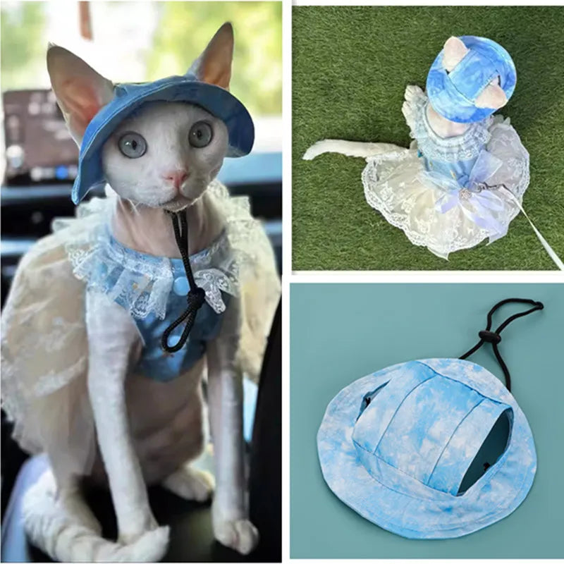 Cotton Cat Sun Hat With Ear Holes Round Brim Dog Puppy Cat Bucket Hat Outdoor Sun Protection Pet Caps for Small Medium Cat Dogs
