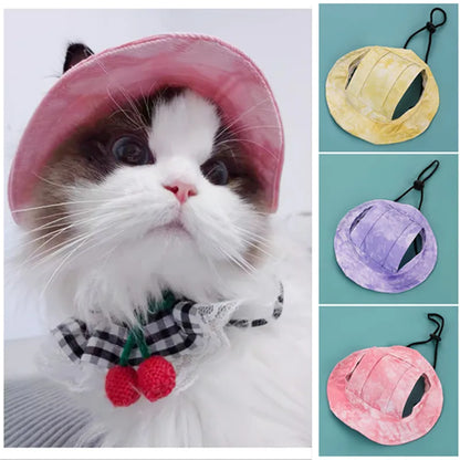 Cotton Cat Sun Hat With Ear Holes Round Brim Dog Puppy Cat Bucket Hat Outdoor Sun Protection Pet Caps for Small Medium Cat Dogs