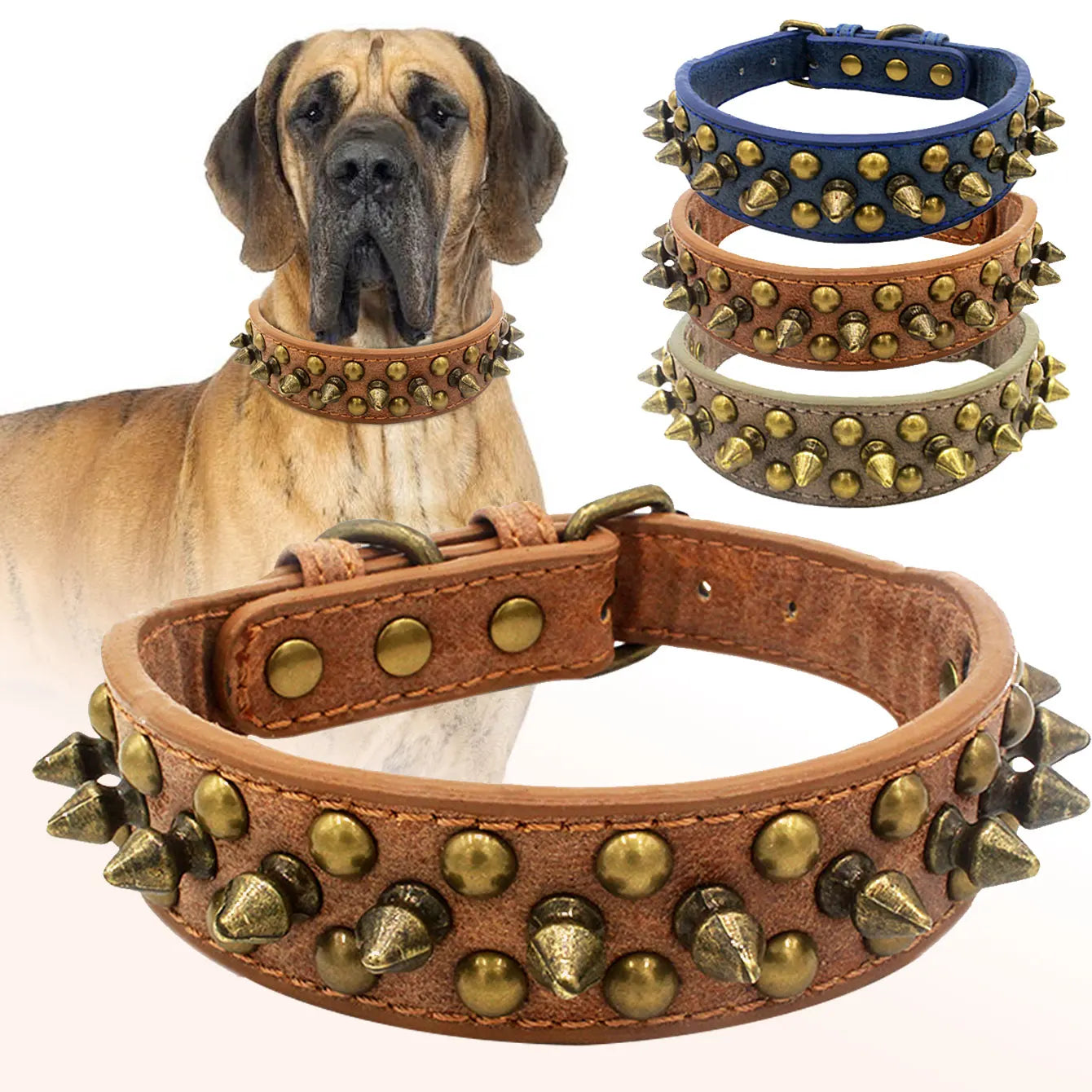 CP037-1--Vintage brass rivet heavy-duty adjustable pet dog collar, round head rivet paired with wear-resistant PU leather.