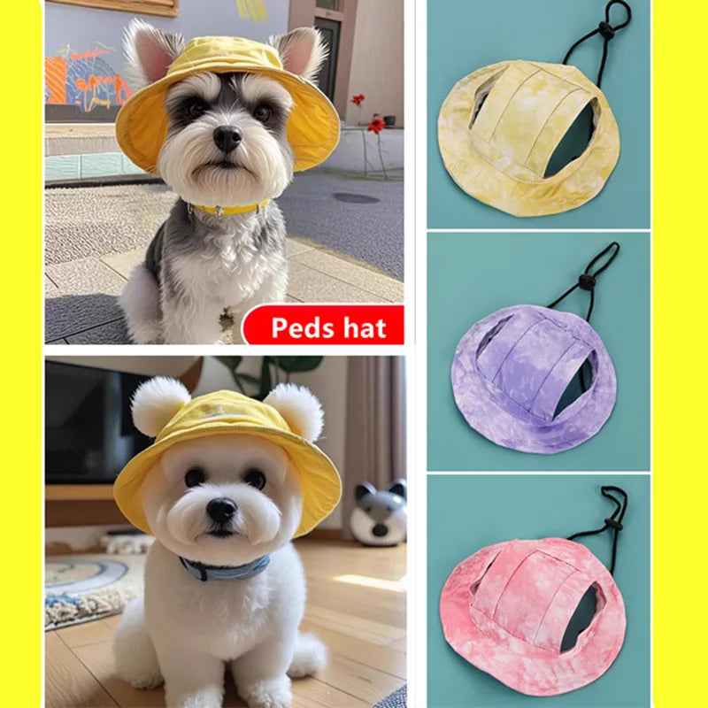 Cotton Cat Sun Hat With Ear Holes Round Brim Dog Puppy Cat Bucket Hat Outdoor Sun Protection Pet Caps for Small Medium Cat Dogs