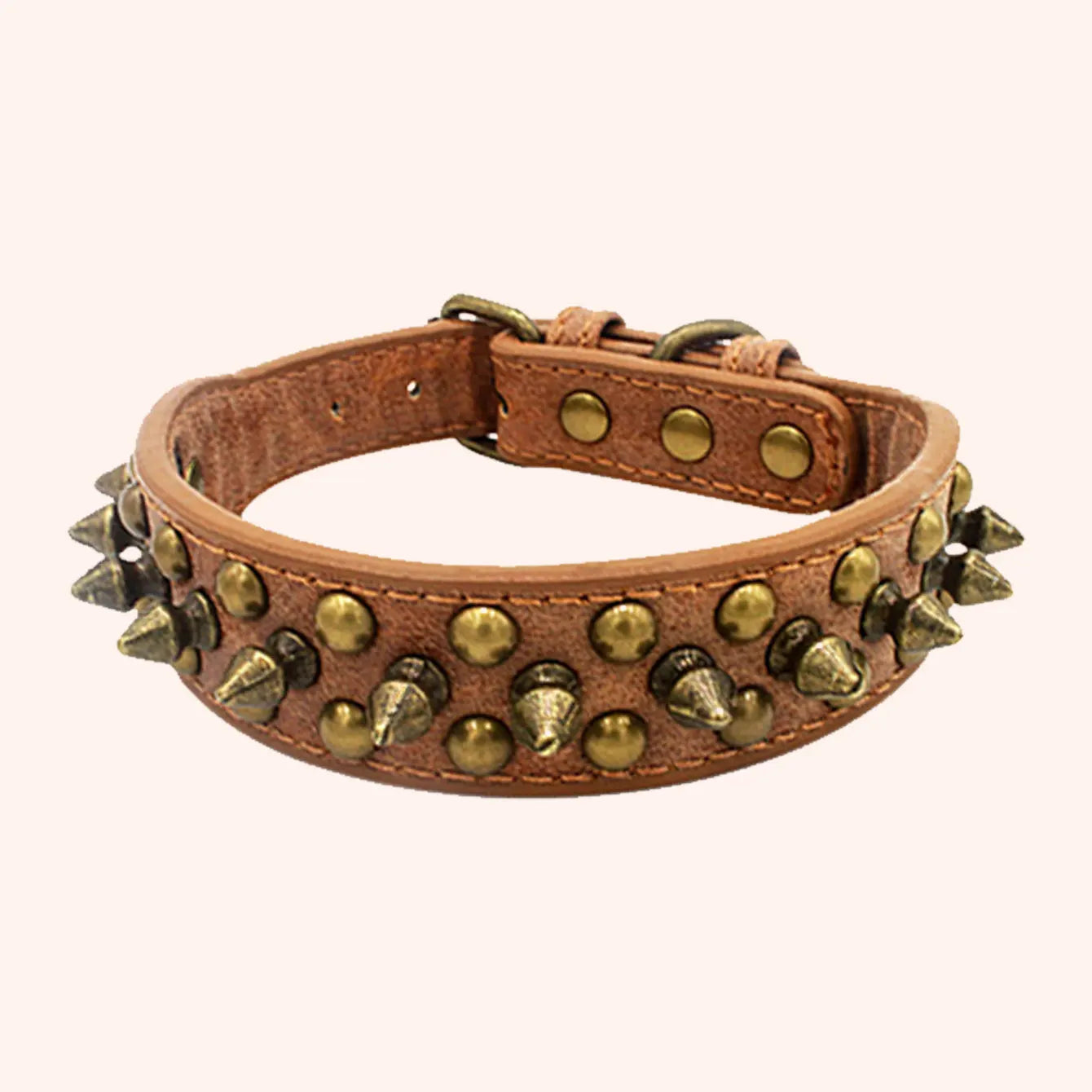 CP037-1--Vintage brass rivet heavy-duty adjustable pet dog collar, round head rivet paired with wear-resistant PU leather.