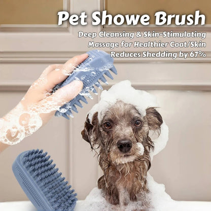 3-Head Silicone Bath Massage Brush with Fur Removal for Cats/Dogs - Collects 96% Wet Hair during Washing - Grooming Tool