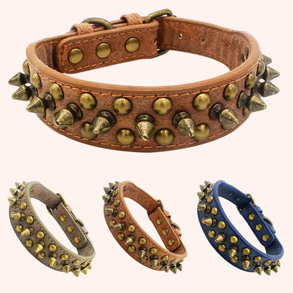 CP037-1--Vintage brass rivet heavy-duty adjustable pet dog collar, round head rivet paired with wear-resistant PU leather.